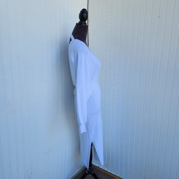 Women’s Knit Sweater Dress White Viscose V-neck Winter Bat Long Sleeve Ribbed M - Picture 6 of 14